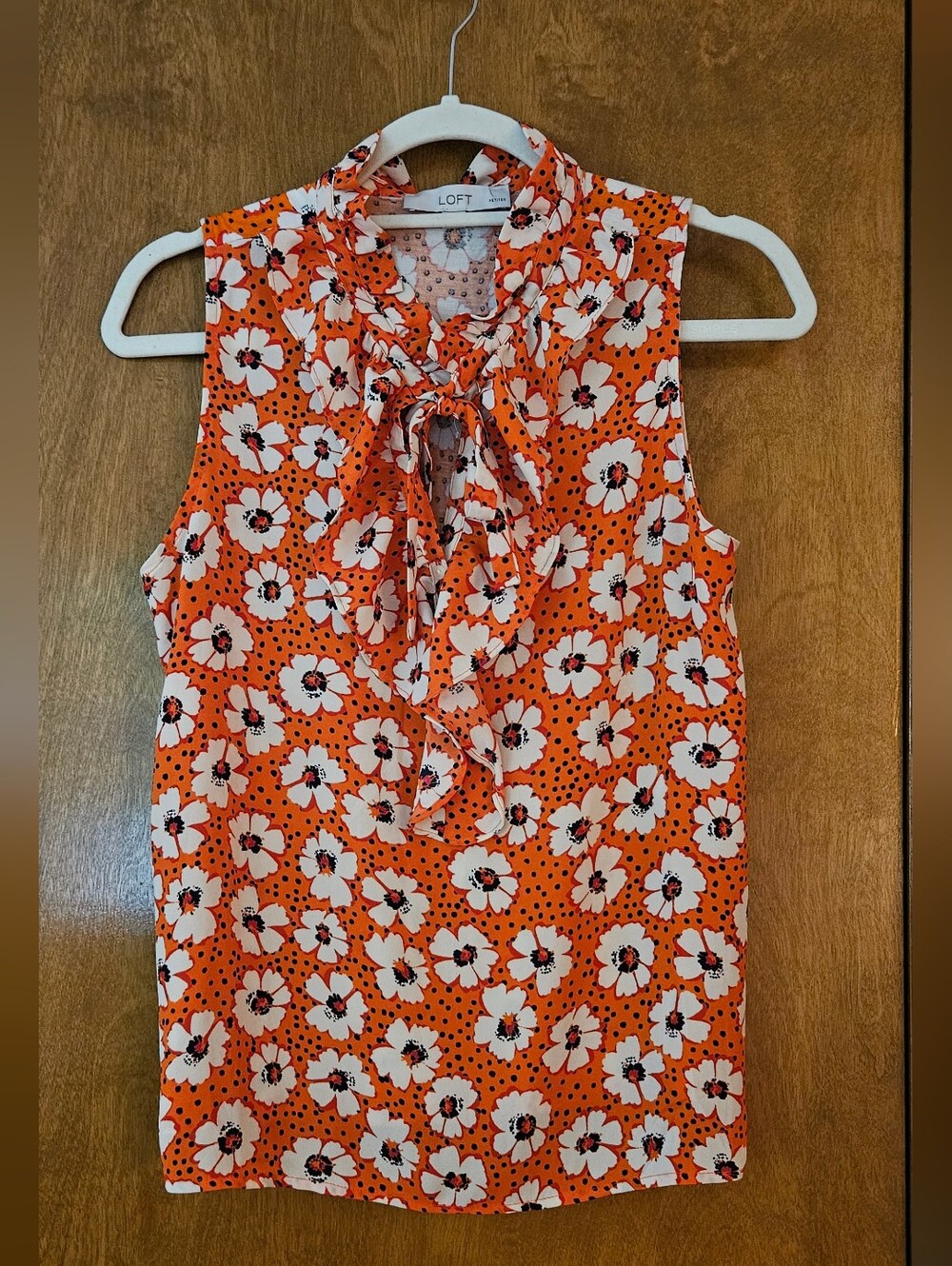 LOFT Petites Sleeveless Floral Blouse With Ruffle & Tie-Neck